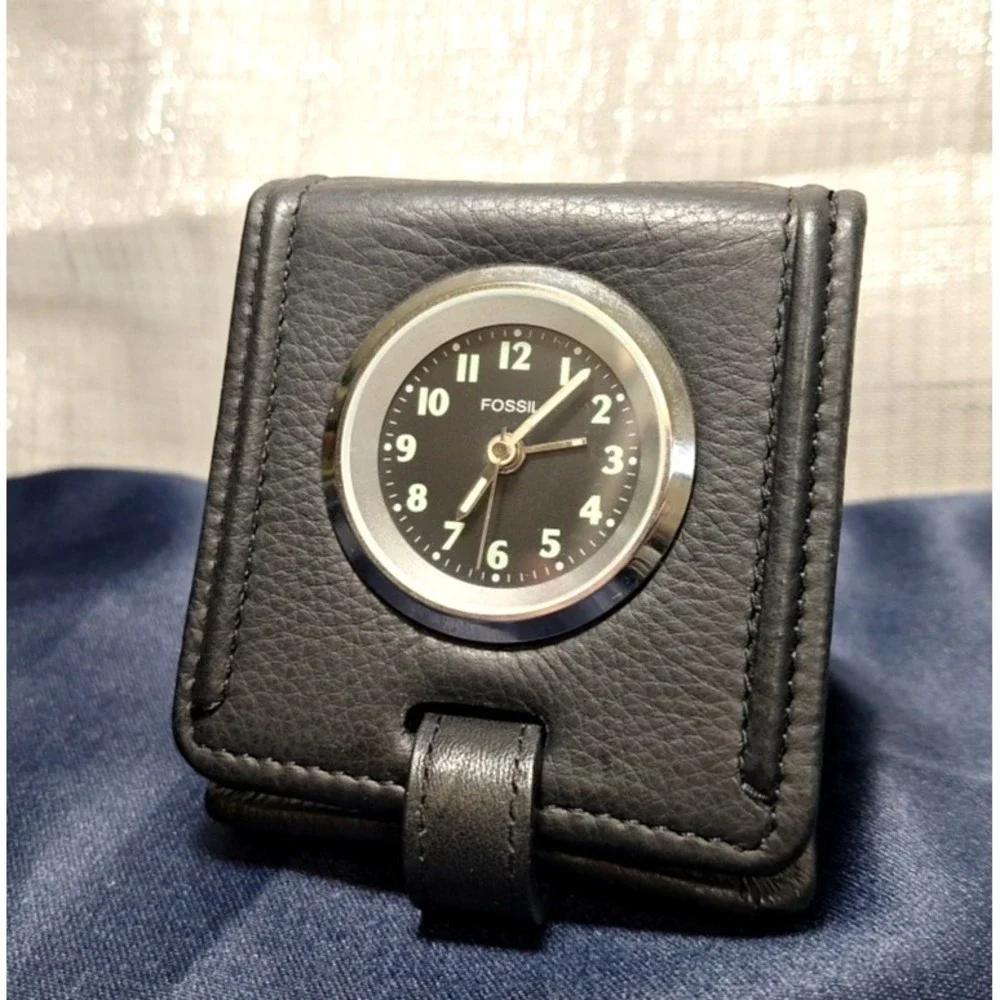 FOSSIL TRAVEL CLOCK BLACK‎  LEATHER CASE  Vintage Folding Retro Working